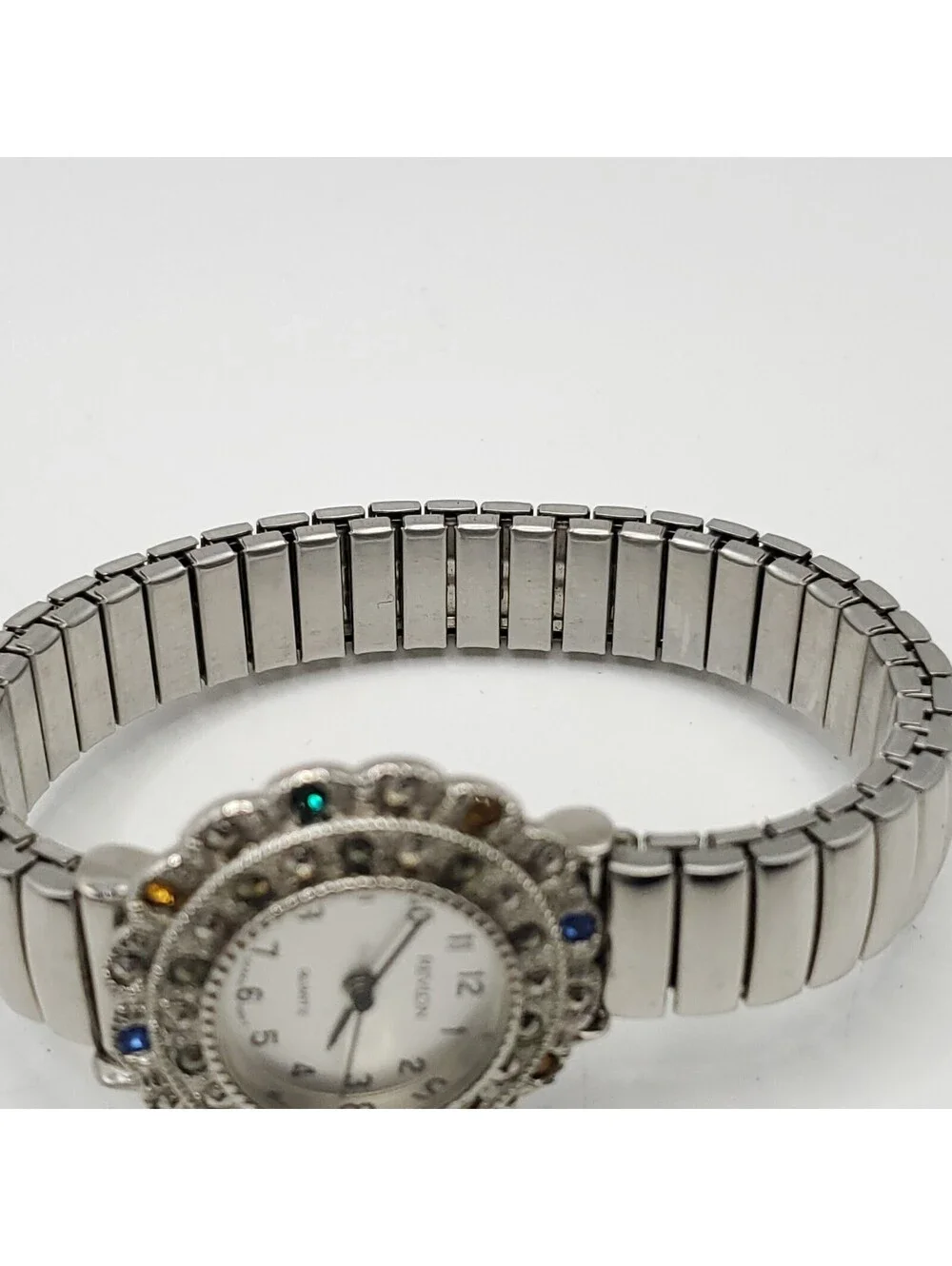 Revlon Multicolor Gem Bezel Quartz Womens Watch 26mm Stretch Band New Battery